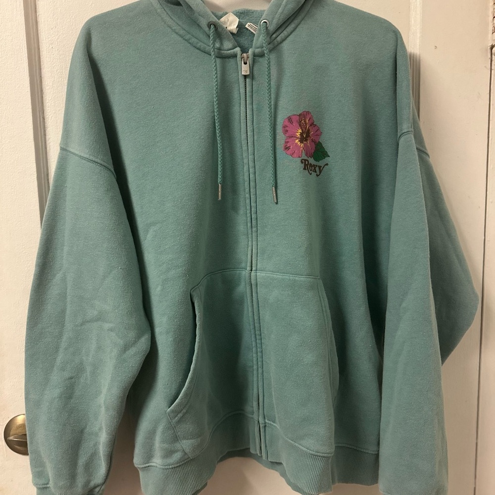 Roxy Teal Hoodie with Floral Embroidery